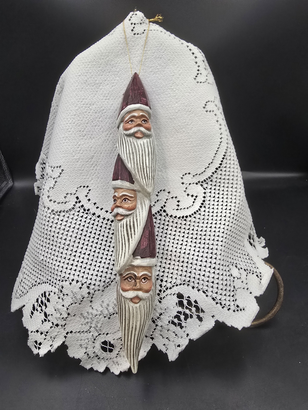 Triple Santa Hanging Ornament in White and Burgundy